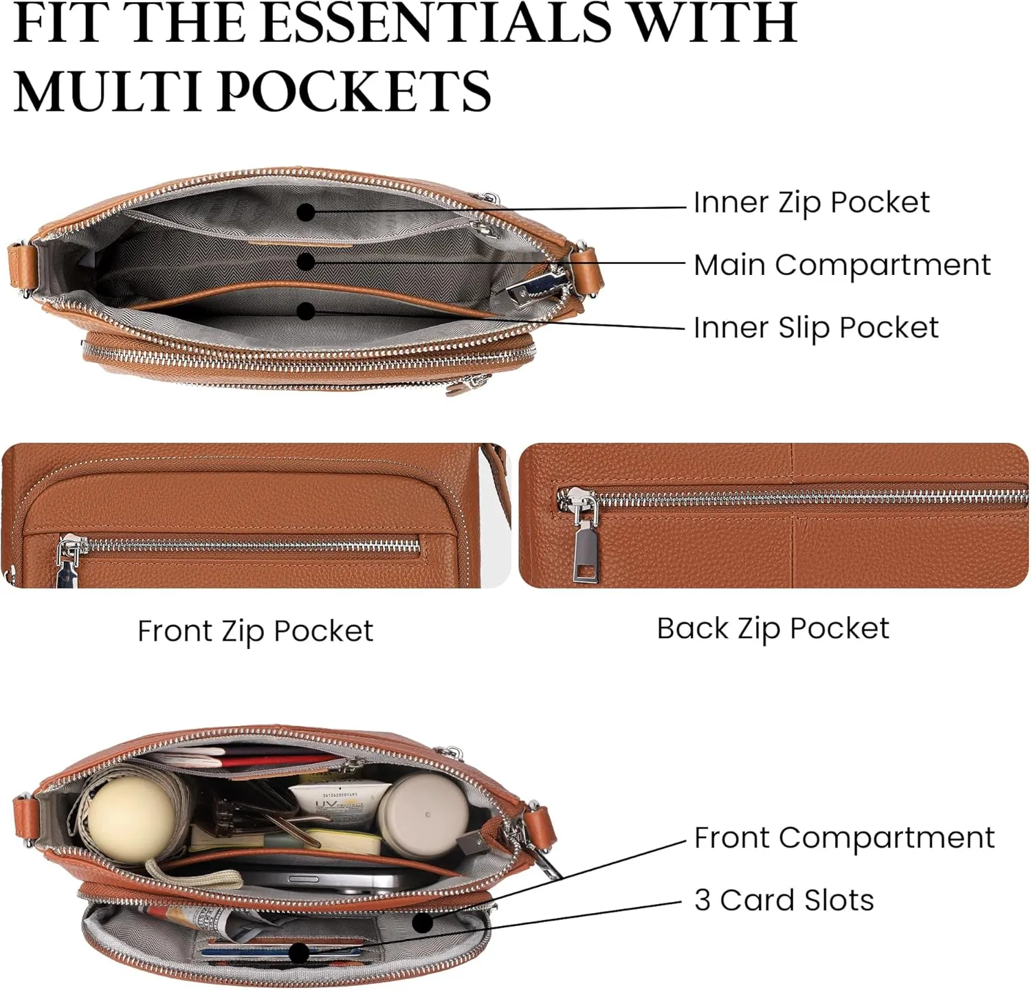 befen Genuine Leather Crossbody Bags for Women Medium Size RFID Blocking Leather Purse for Women with Multi Zip Pockets