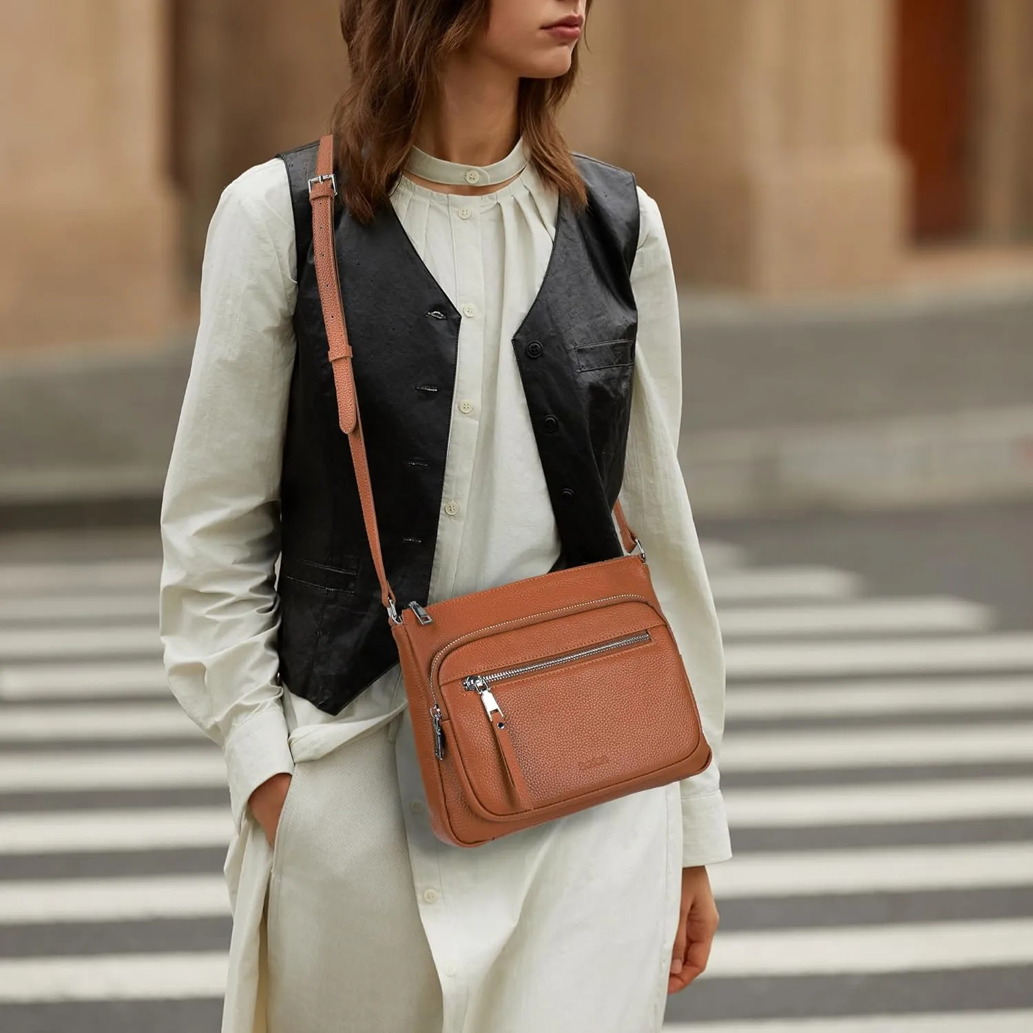 befen Genuine Leather Crossbody Bags for Women Medium Size RFID Blocking Leather Purse for Women with Multi Zip Pockets