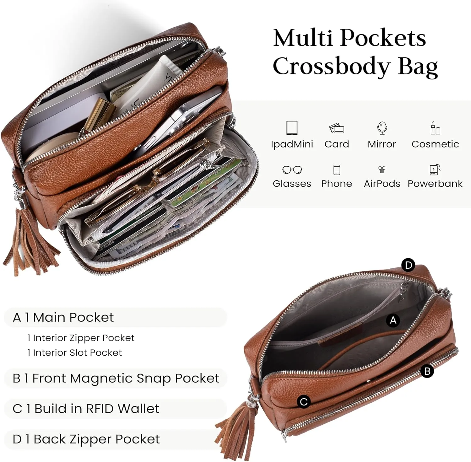befen Genuine Leather Crossbody Purses for Women Lightweight Small Crossbody Bags Purse with Built in RFID Blocking Wallet
