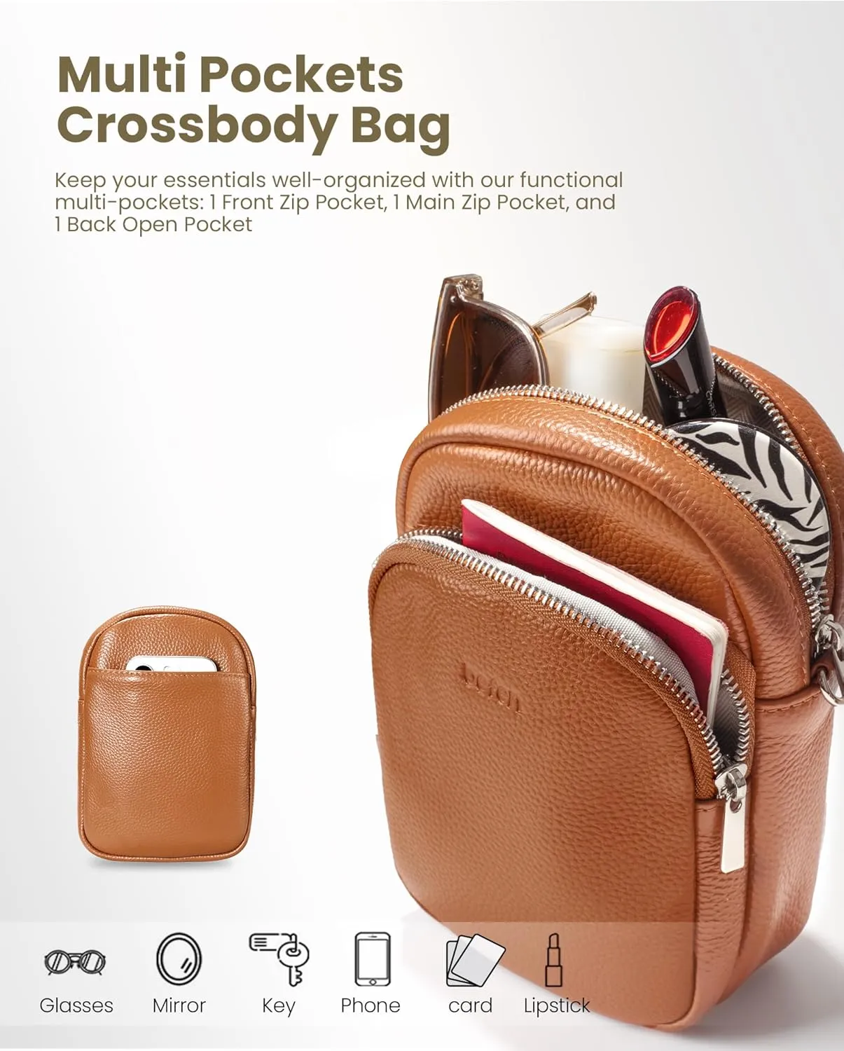 befen Genuine Leather Small Crossbody Bags for Women Trendy Travel Cell Phone Wallet Purses with RFID Blocking Card Slots