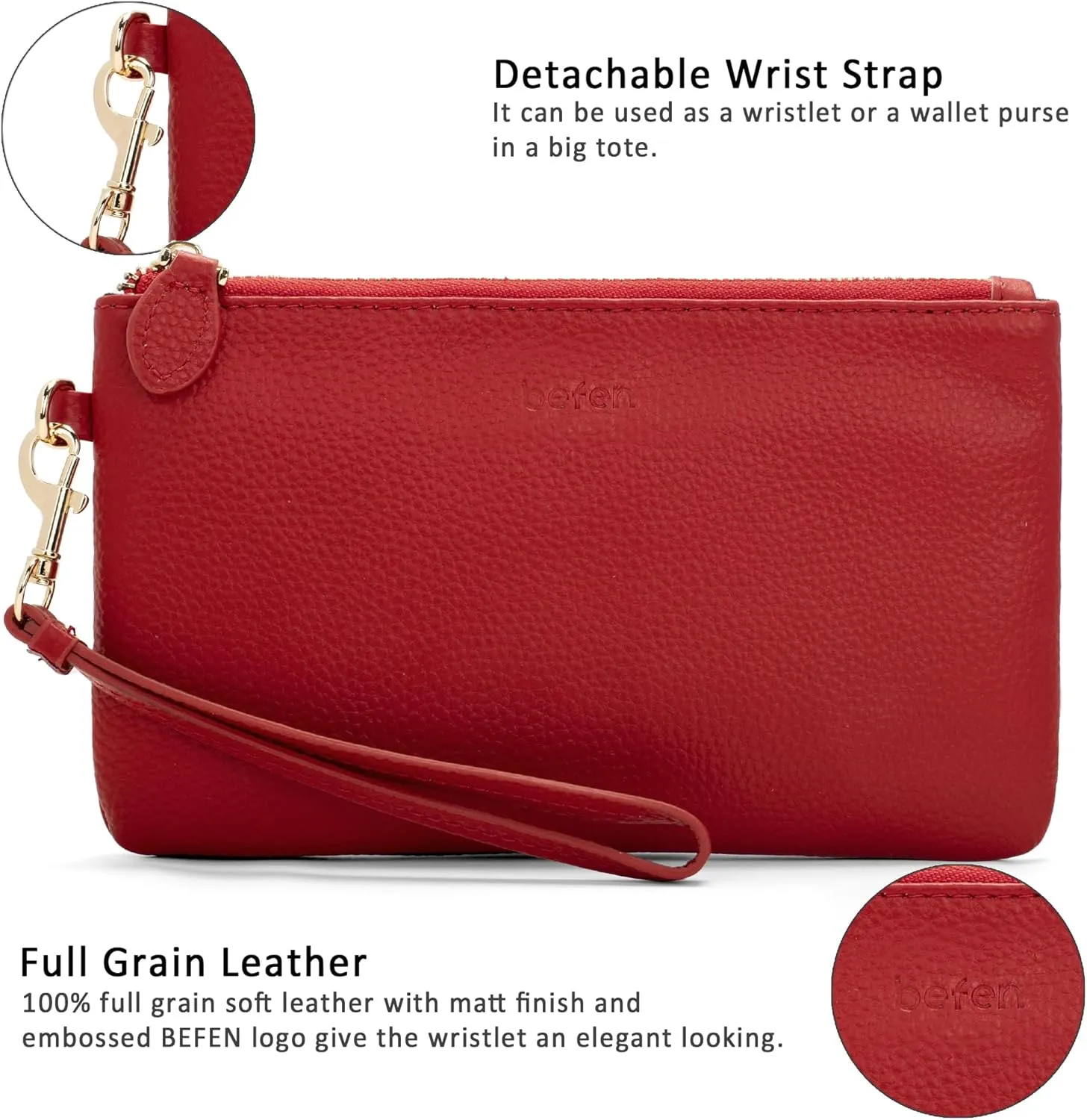 befen Women's Genuine Italian Leather Wristlet Clutch Wallet Purse, Gold Zipper