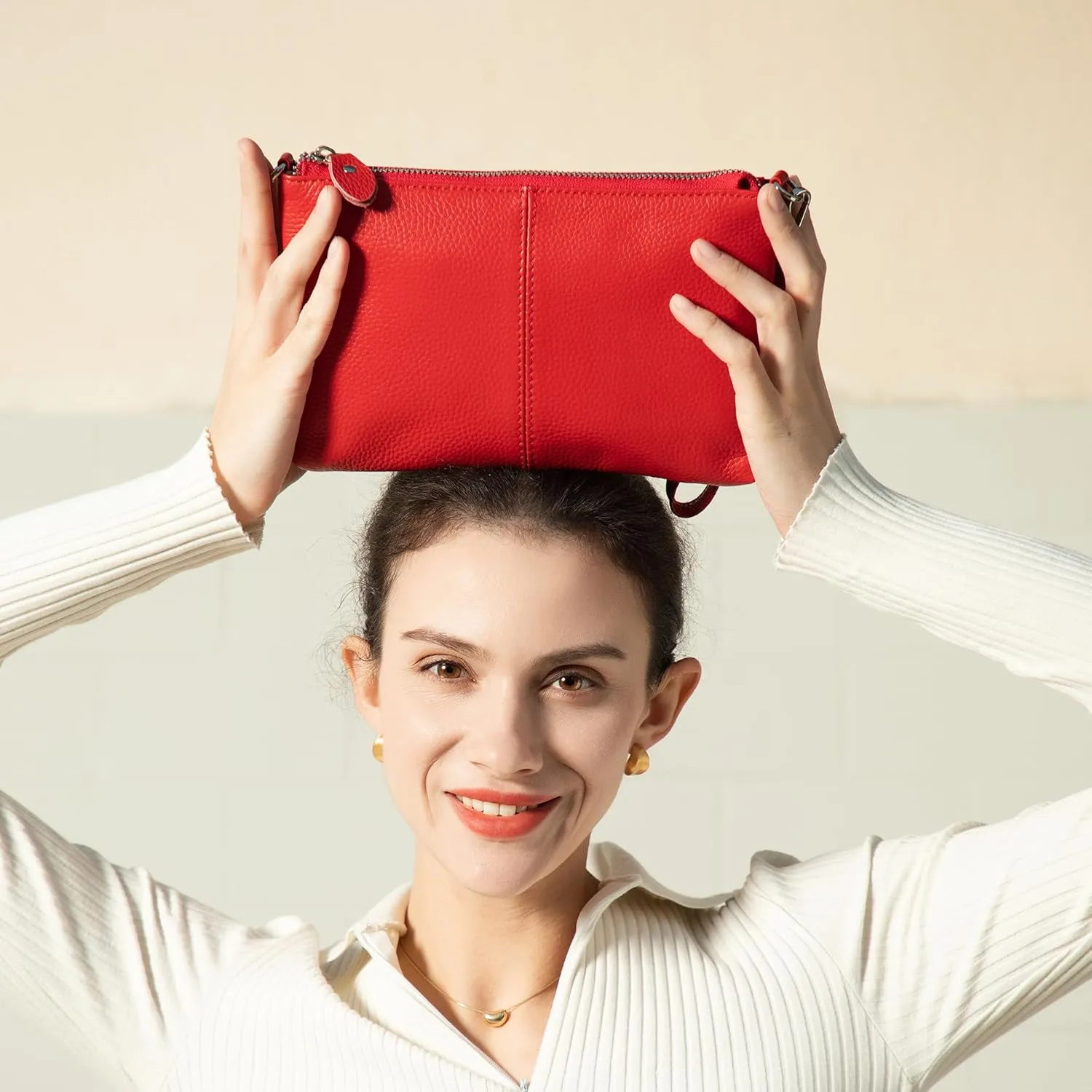 befen Women's Genuine Italian Leather Wristlet Clutch Wallet Purse, Gold Zipper
