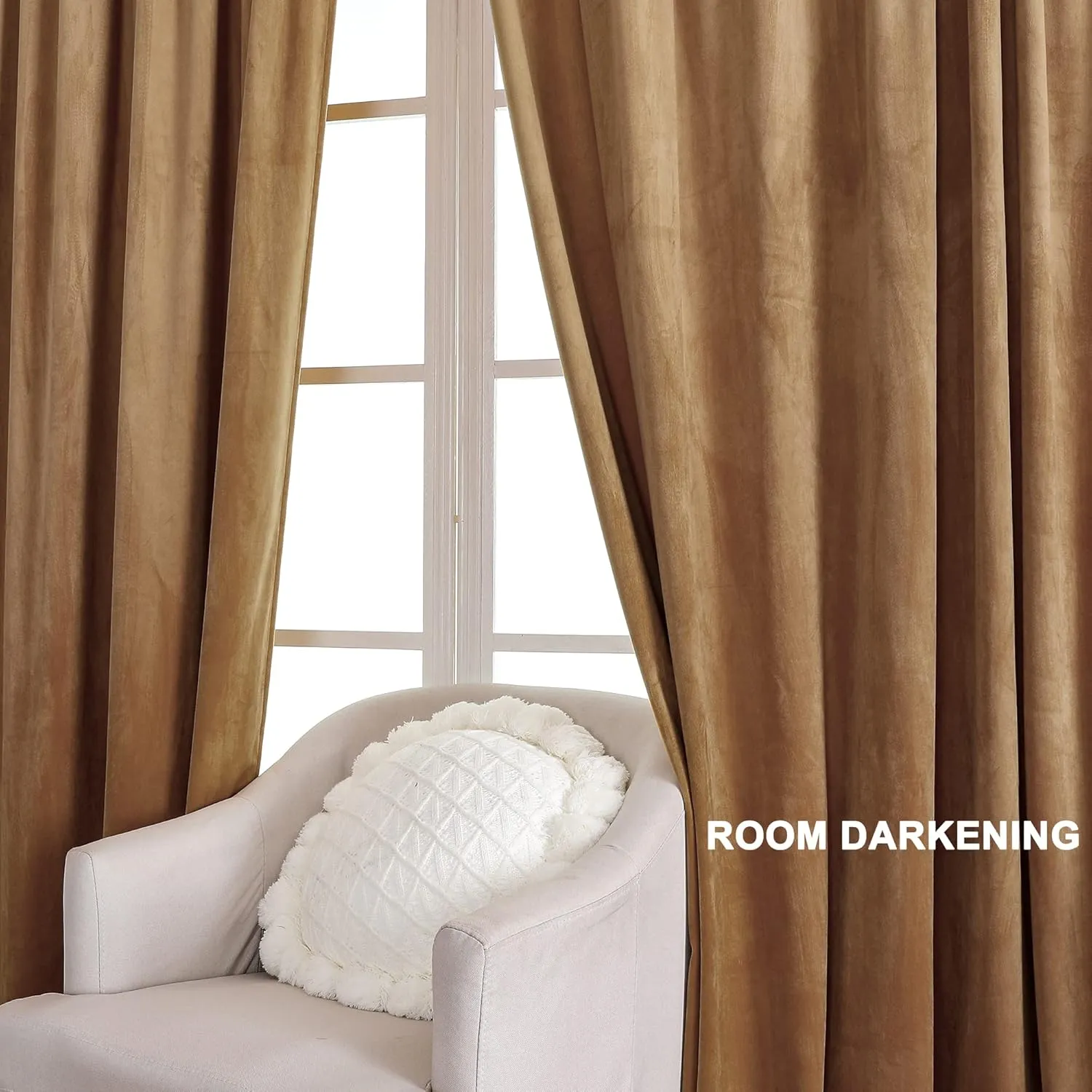Benedeco Camel Velvet Curtains for Bedroom Window, Super Soft Luxury Drapes, Room Darkening Thermal Insulated Rod Pocket Curtain for Living Room, W52 by L84 inches, 2 Panels