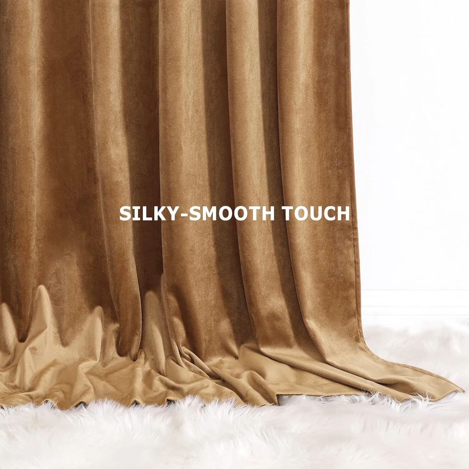 Benedeco Camel Velvet Curtains for Bedroom Window, Super Soft Luxury Drapes, Room Darkening Thermal Insulated Rod Pocket Curtain for Living Room, W52 by L84 inches, 2 Panels