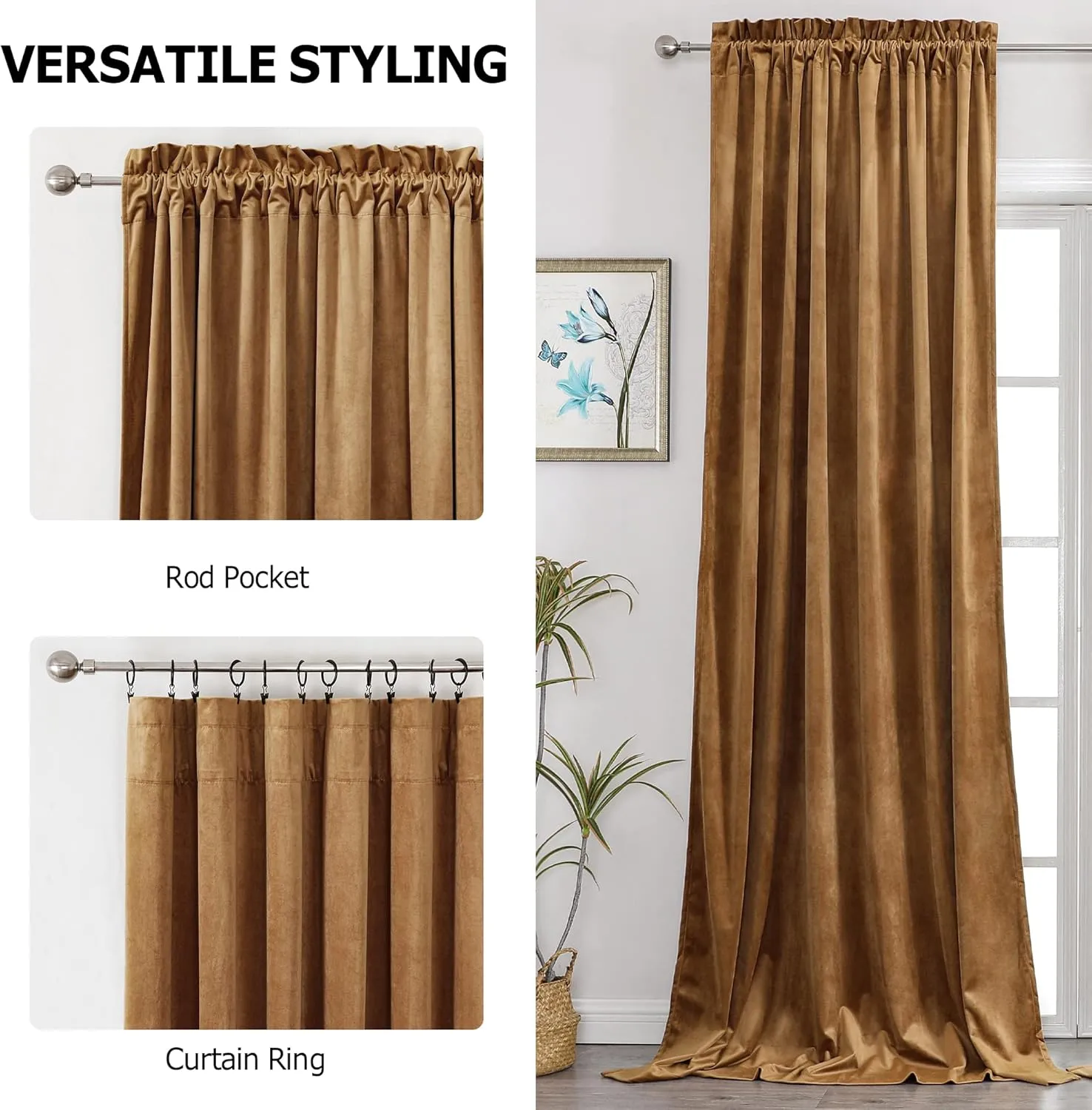 Benedeco Camel Velvet Curtains for Bedroom Window, Super Soft Luxury Drapes, Room Darkening Thermal Insulated Rod Pocket Curtain for Living Room, W52 by L84 inches, 2 Panels