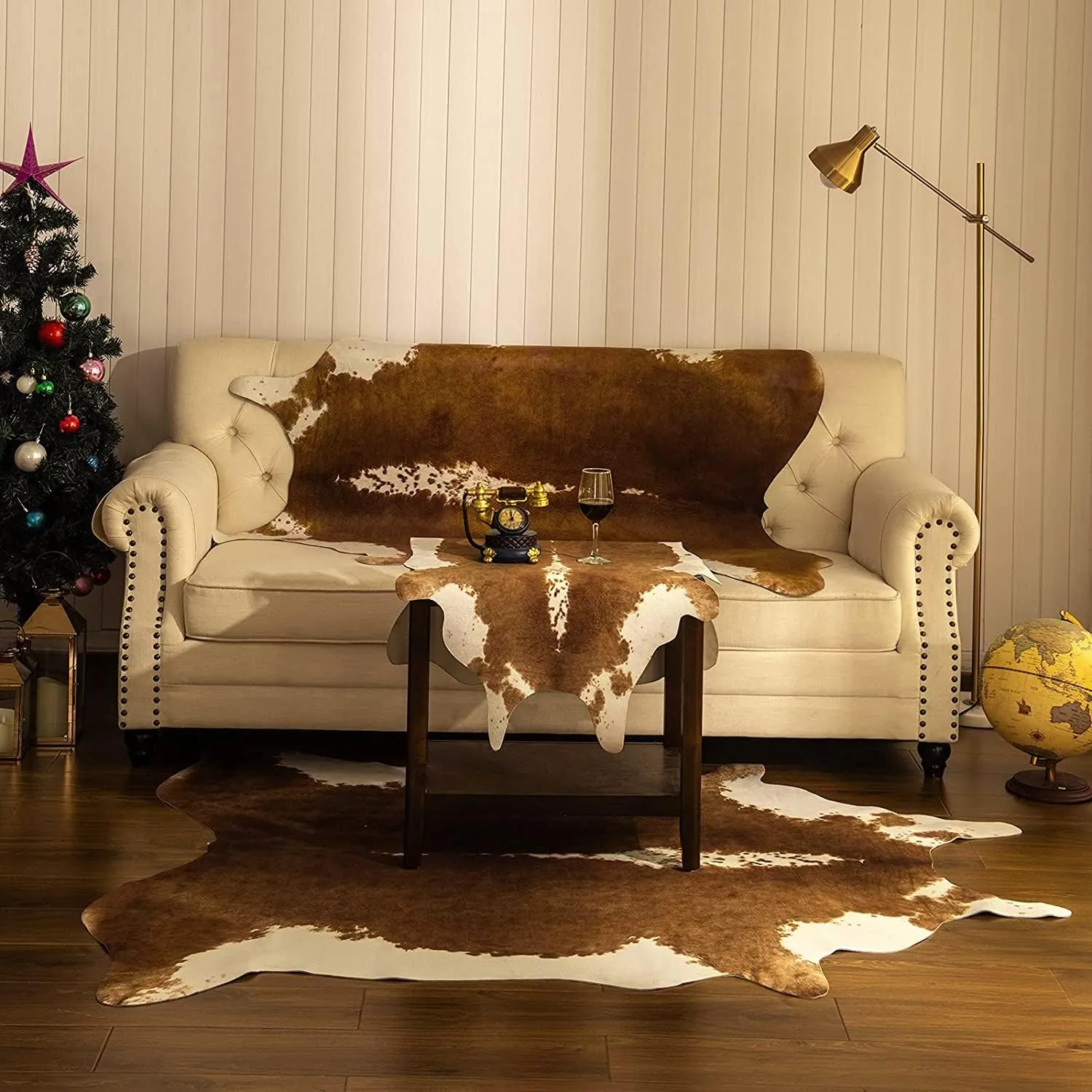 BENRON Faux Cowhide Rug Accent Western Rug Ultra-Thin Cow Print Rug 3x4 Cow Hide Rug Cute Animal Rugs for Bedroom Living Room Man Cave Carpets, Khaki Brown