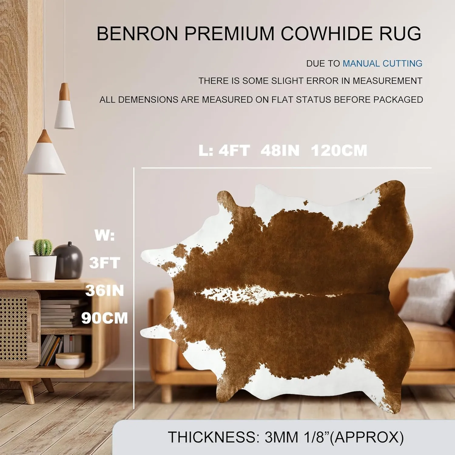 BENRON Faux Cowhide Rug Accent Western Rug Ultra-Thin Cow Print Rug 3x4 Cow Hide Rug Cute Animal Rugs for Bedroom Living Room Man Cave Carpets, Khaki Brown