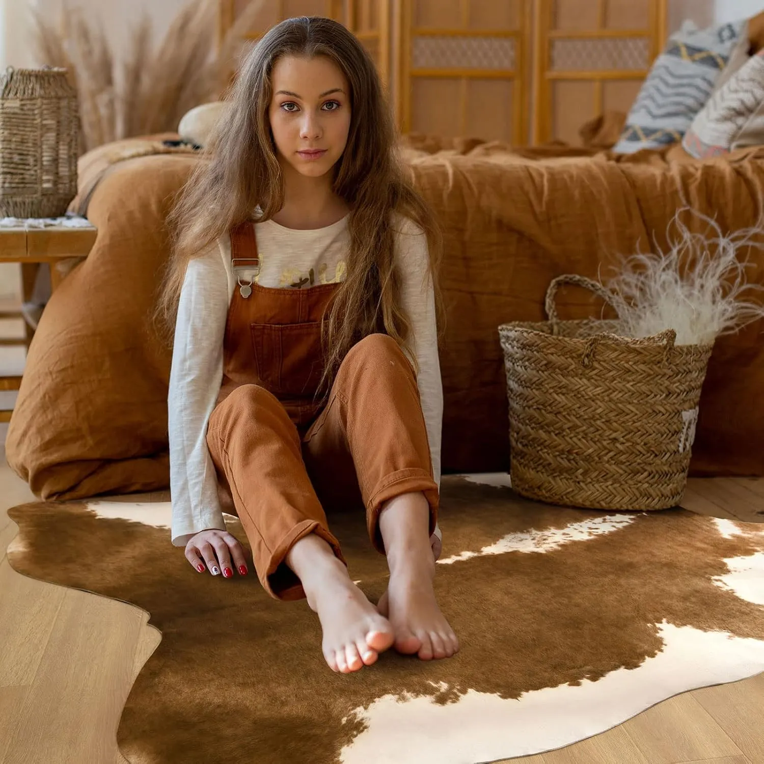BENRON Faux Cowhide Rug Accent Western Rug Ultra-Thin Cow Print Rug 3x4 Cow Hide Rug Cute Animal Rugs for Bedroom Living Room Man Cave Carpets, Khaki Brown