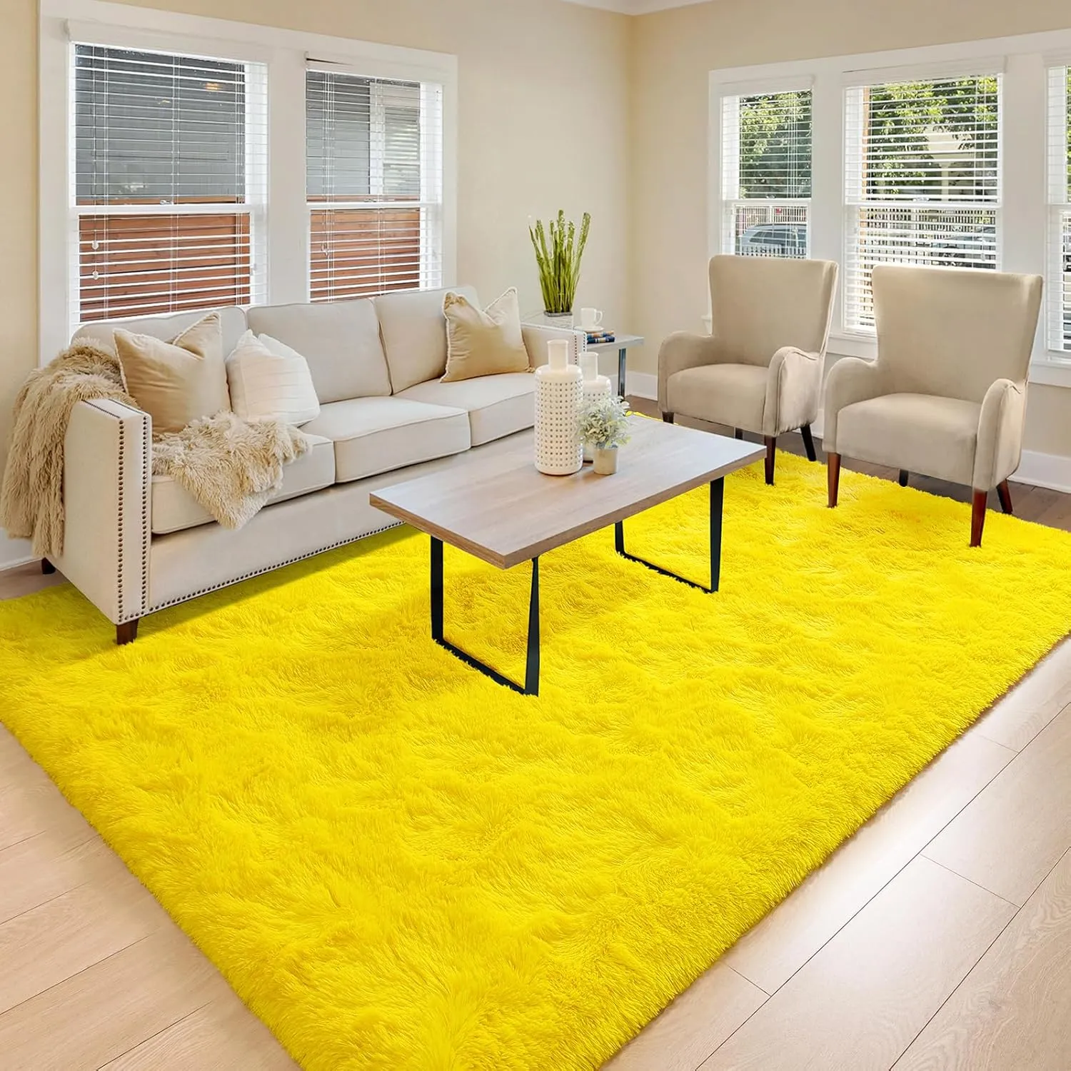 BENRON Plush Yellow Fluffy Rug Ultra Soft Rugs for Living Room Bedroom Non-Slipping Nursery Kids Rug 4x6 Area Rug for Girls Boys Room Decor Indoor Carpets
