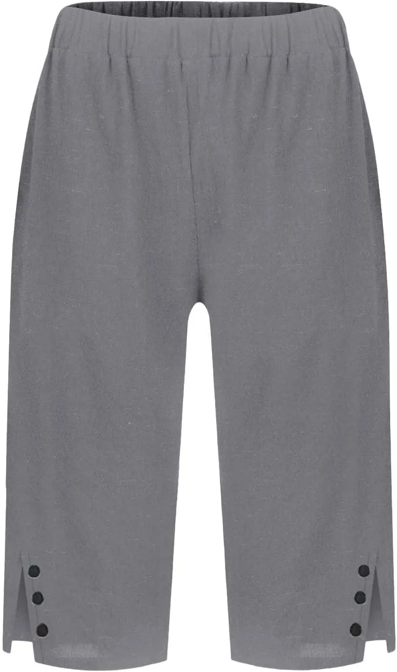 Bermuda Shorts for Women Knee Length Cotton Linen Casual Summer Capri Pants Lightweight Wide Leg Beach Short with Pockets