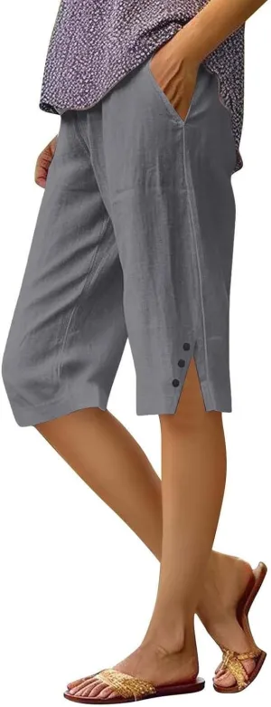 Bermuda Shorts for Women Knee Length Cotton Linen Casual Summer Capri Pants Lightweight Wide Leg Beach Short with Pockets