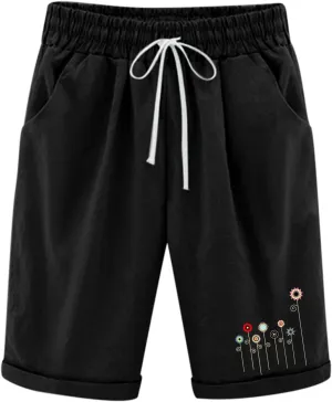 Bermuda Shorts for Women Knee Length Cotton Linen Elastic Waist Drawstring Shorts Summer Capris Pants with Pockets