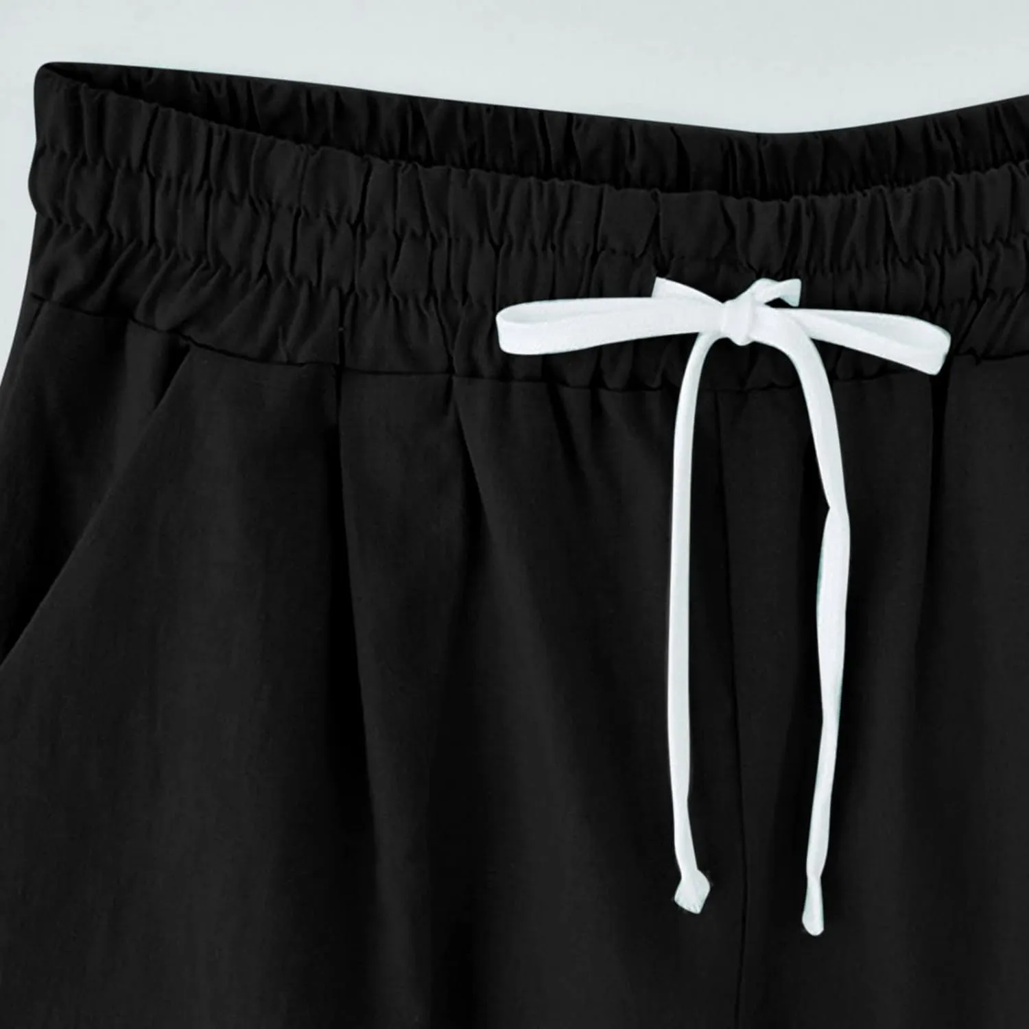 Bermuda Shorts for Women Knee Length Cotton Linen Elastic Waist Drawstring Shorts Summer Capris Pants with Pockets
