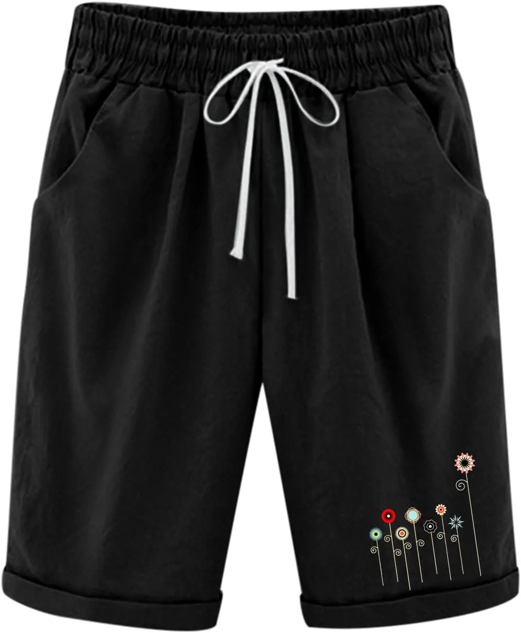 Bermuda Shorts for Women Knee Length Cotton Linen Elastic Waist Drawstring Shorts Summer Capris Pants with Pockets