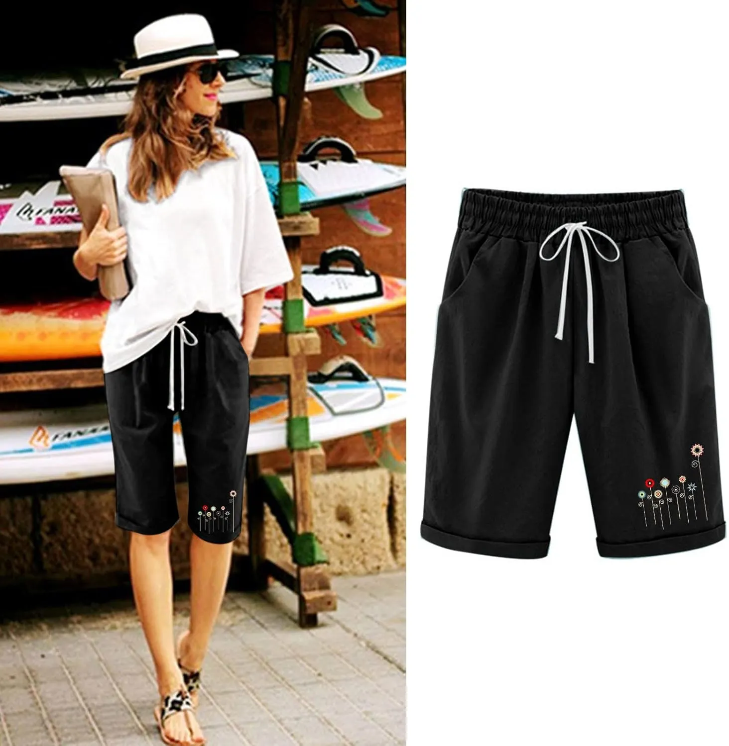 Bermuda Shorts for Women Knee Length Cotton Linen Elastic Waist Drawstring Shorts Summer Capris Pants with Pockets