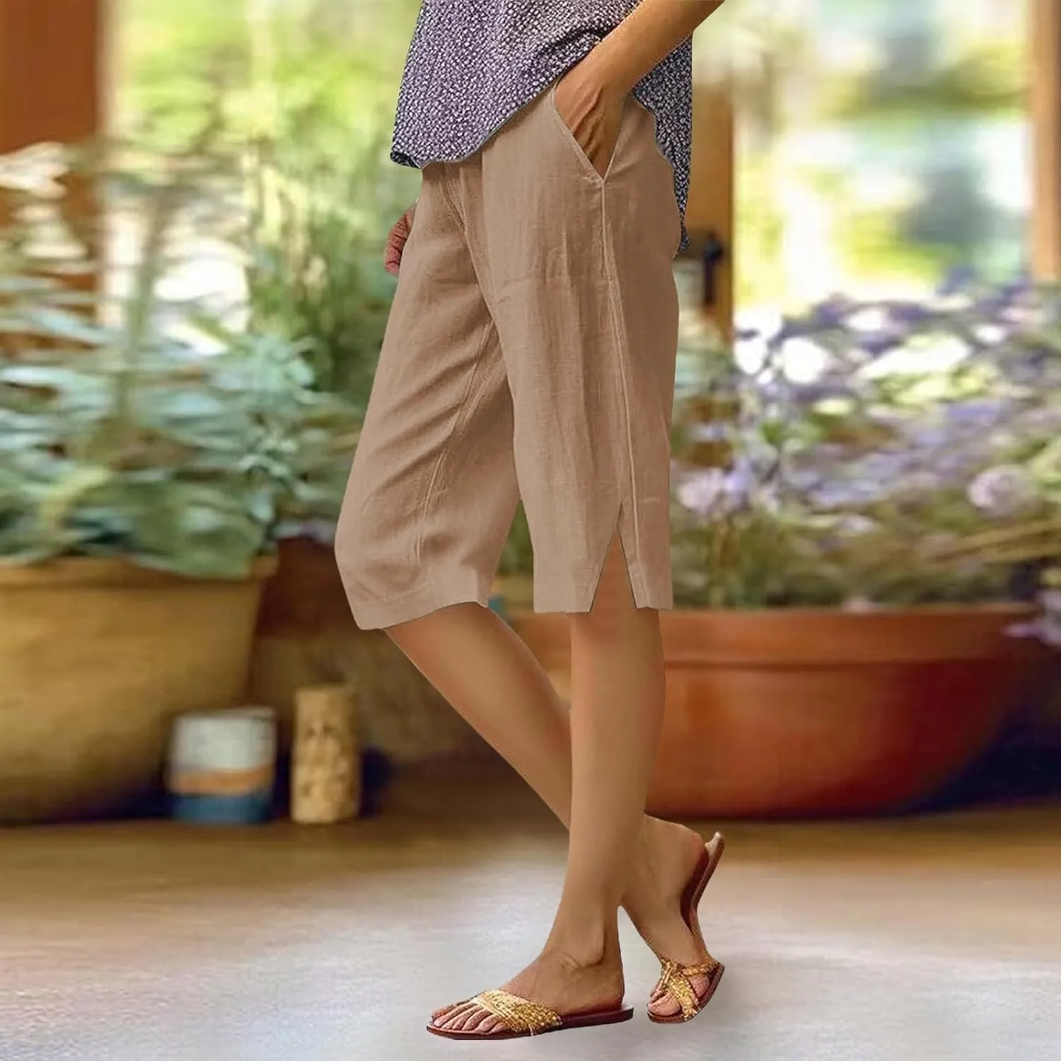 Bermuda Shorts for Women Knee Length Cotton Linen Elastic Waist Mid Thigh Shorts Summer Plus Size Short with Pockets