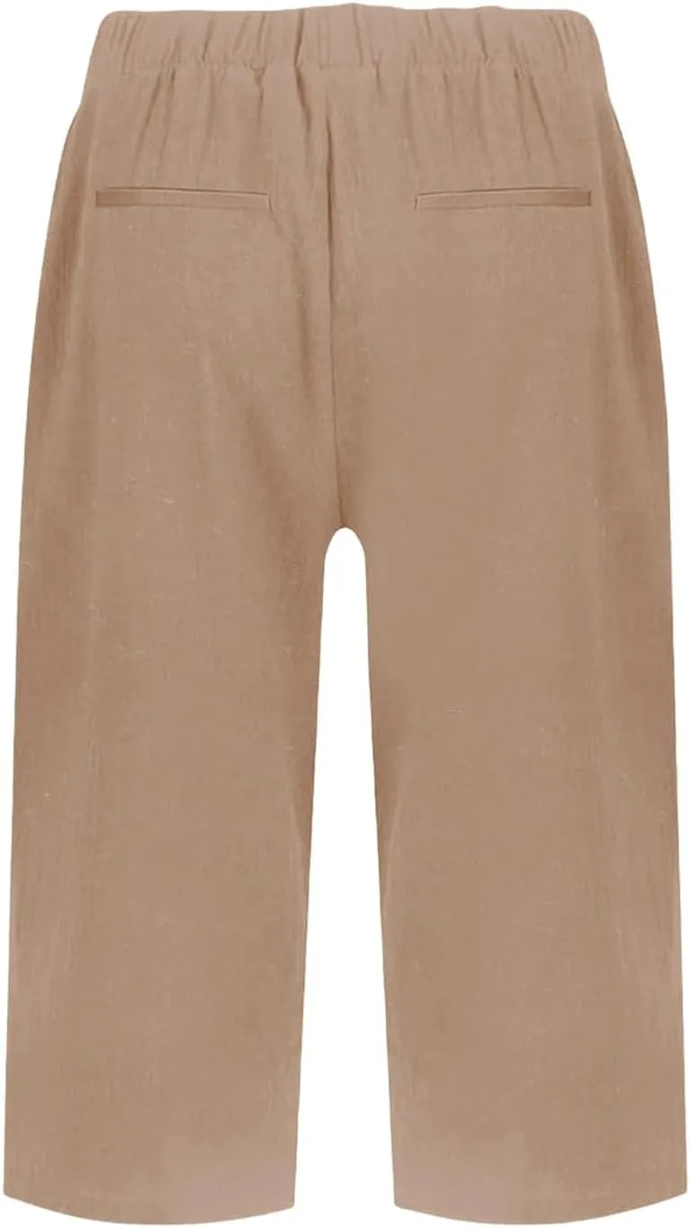 Bermuda Shorts for Women Knee Length Cotton Linen Elastic Waist Mid Thigh Shorts Summer Plus Size Short with Pockets
