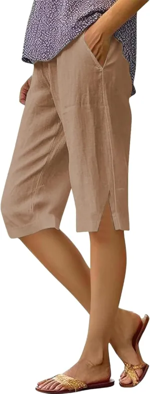 Bermuda Shorts for Women Knee Length Cotton Linen Elastic Waist Mid Thigh Shorts Summer Plus Size Short with Pockets