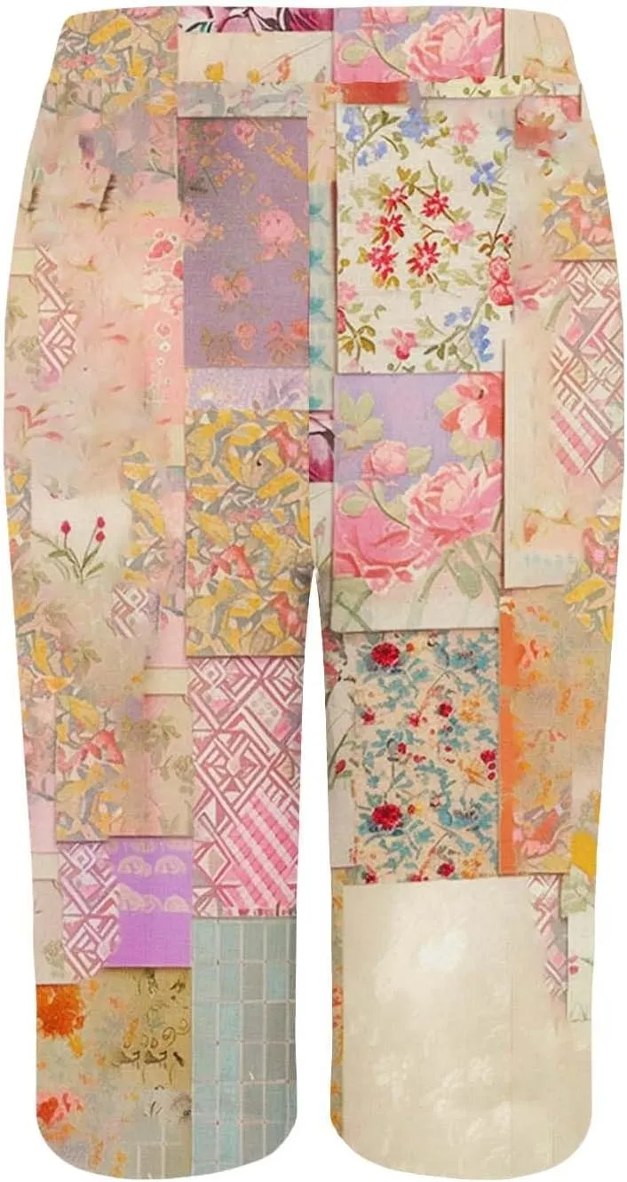 Bermuda Shorts for Women Trendy High Waist Knee Length Short Pants Comfy Summer Boho Floral Print Shorts with Pocket