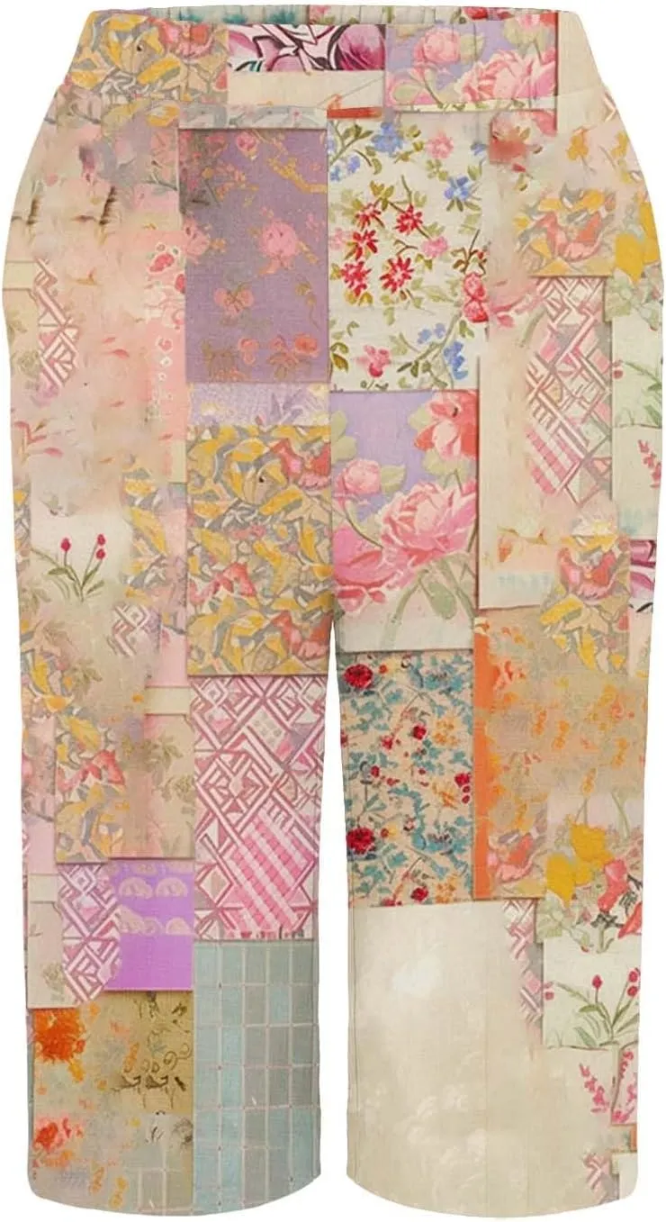 Bermuda Shorts for Women Trendy High Waist Knee Length Short Pants Comfy Summer Boho Floral Print Shorts with Pocket