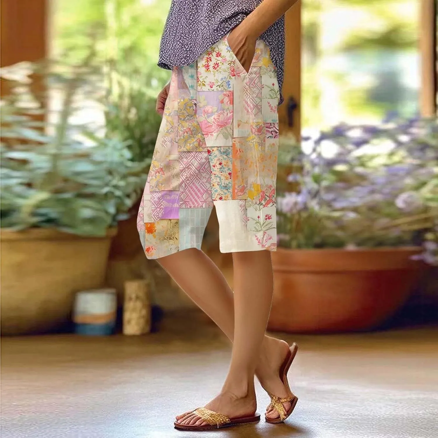 Bermuda Shorts for Women Trendy High Waist Knee Length Short Pants Comfy Summer Boho Floral Print Shorts with Pocket