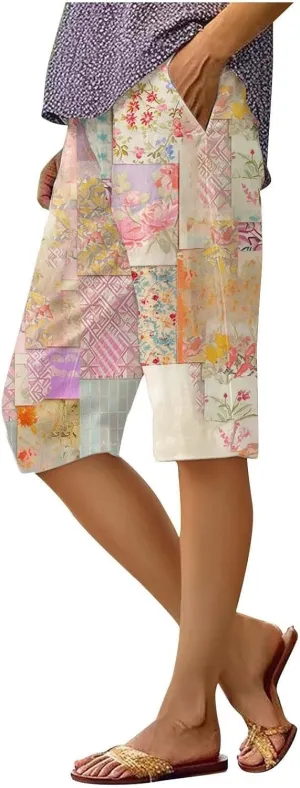 Bermuda Shorts for Women Trendy High Waist Knee Length Short Pants Comfy Summer Boho Floral Print Shorts with Pocket