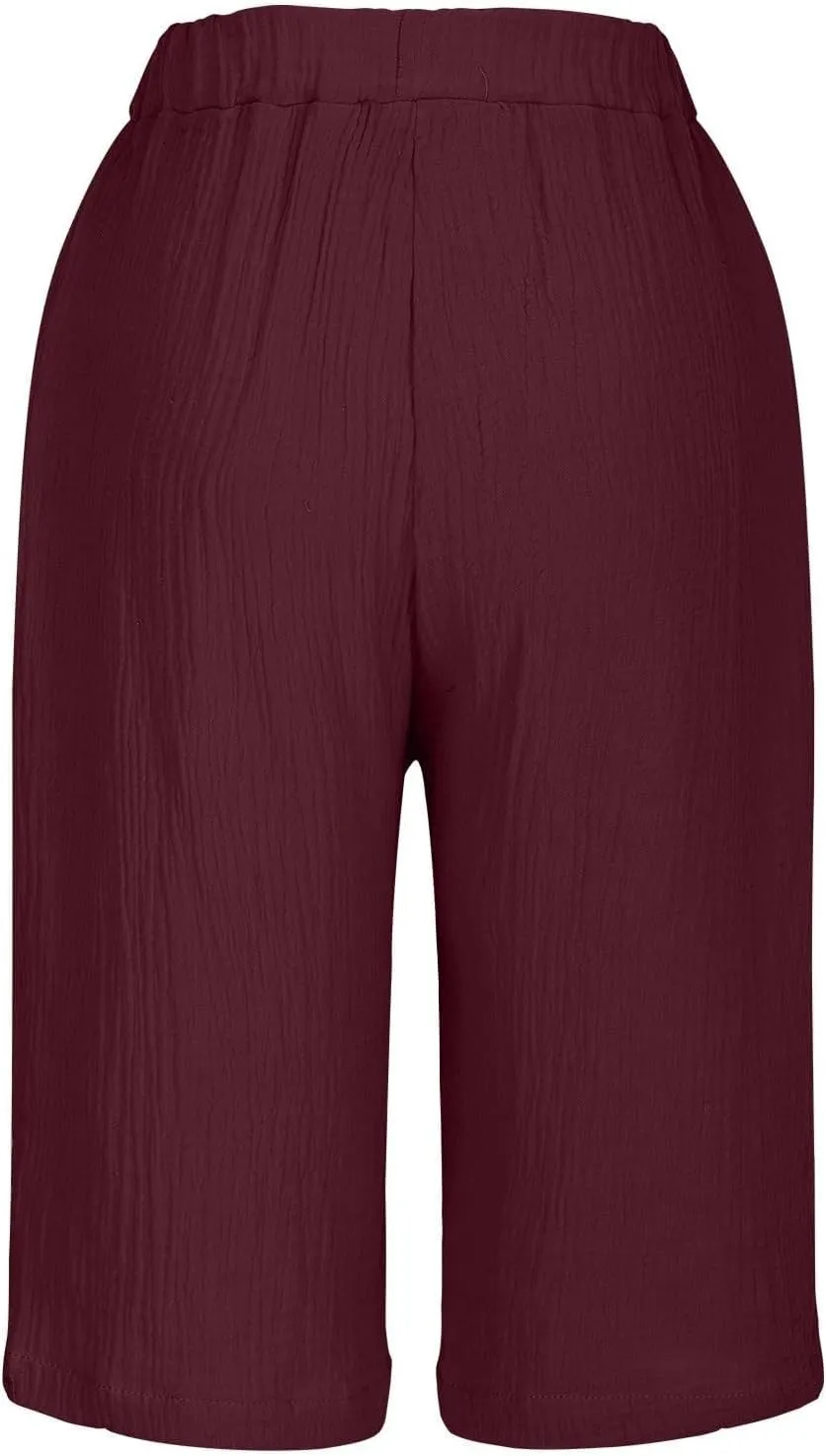 Bermuda Womens Linen Shorts 2025 Summer Wide Leg Drawstring Knee Length Shorts Baggy Casual Beach Short Pants
