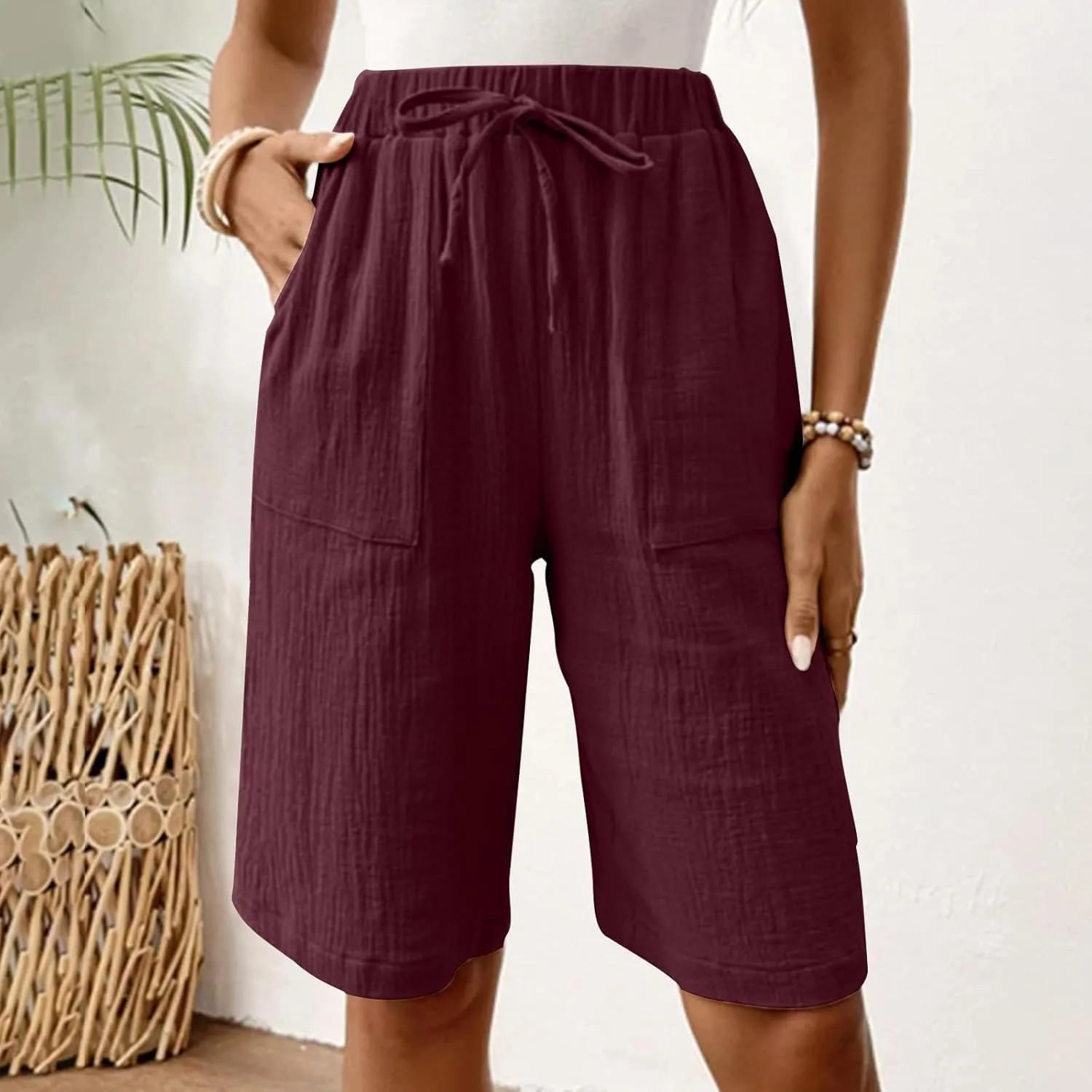 Bermuda Womens Linen Shorts 2025 Summer Wide Leg Drawstring Knee Length Shorts Baggy Casual Beach Short Pants