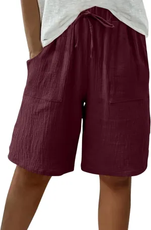 Bermuda Womens Linen Shorts 2025 Summer Wide Leg Drawstring Knee Length Shorts Baggy Casual Beach Short Pants