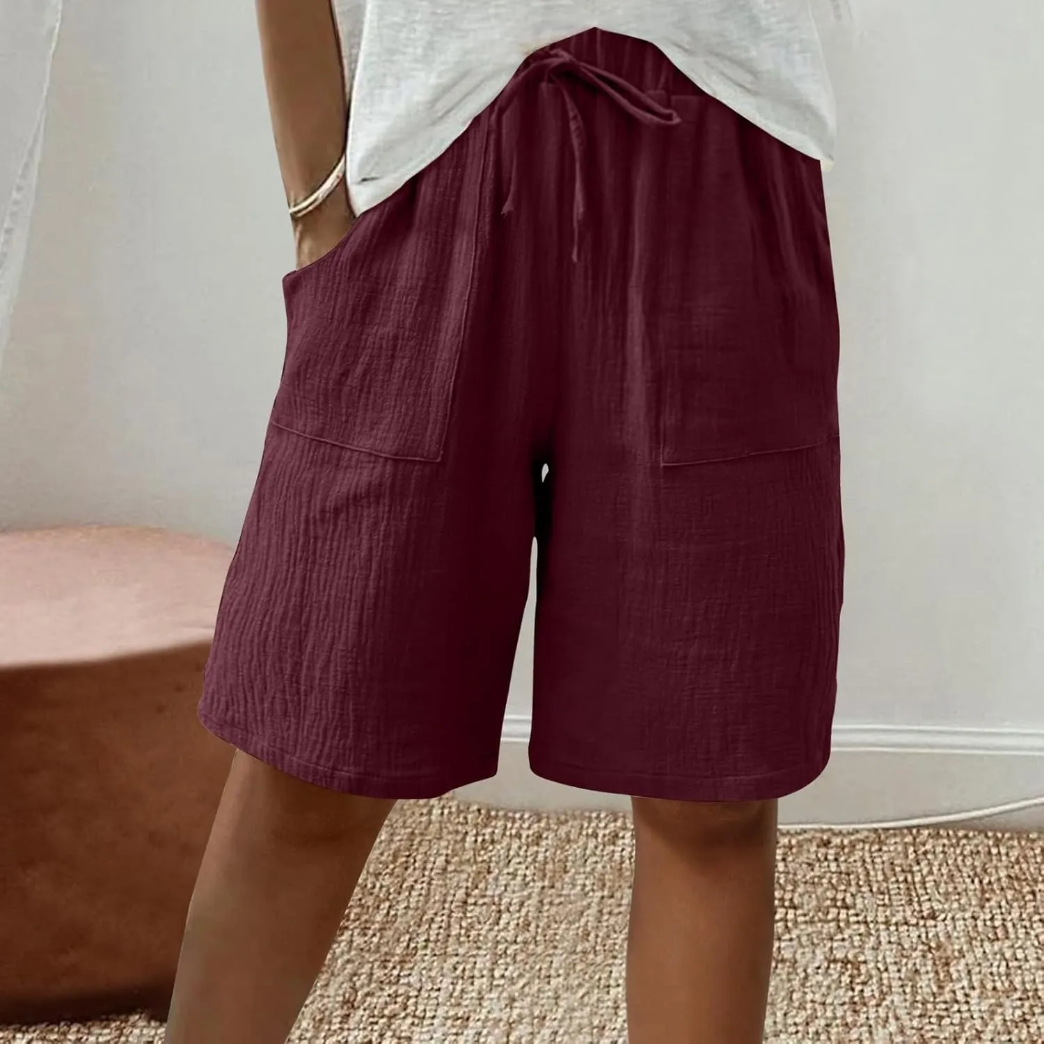 Bermuda Womens Linen Shorts 2025 Summer Wide Leg Drawstring Knee Length Shorts Baggy Casual Beach Short Pants