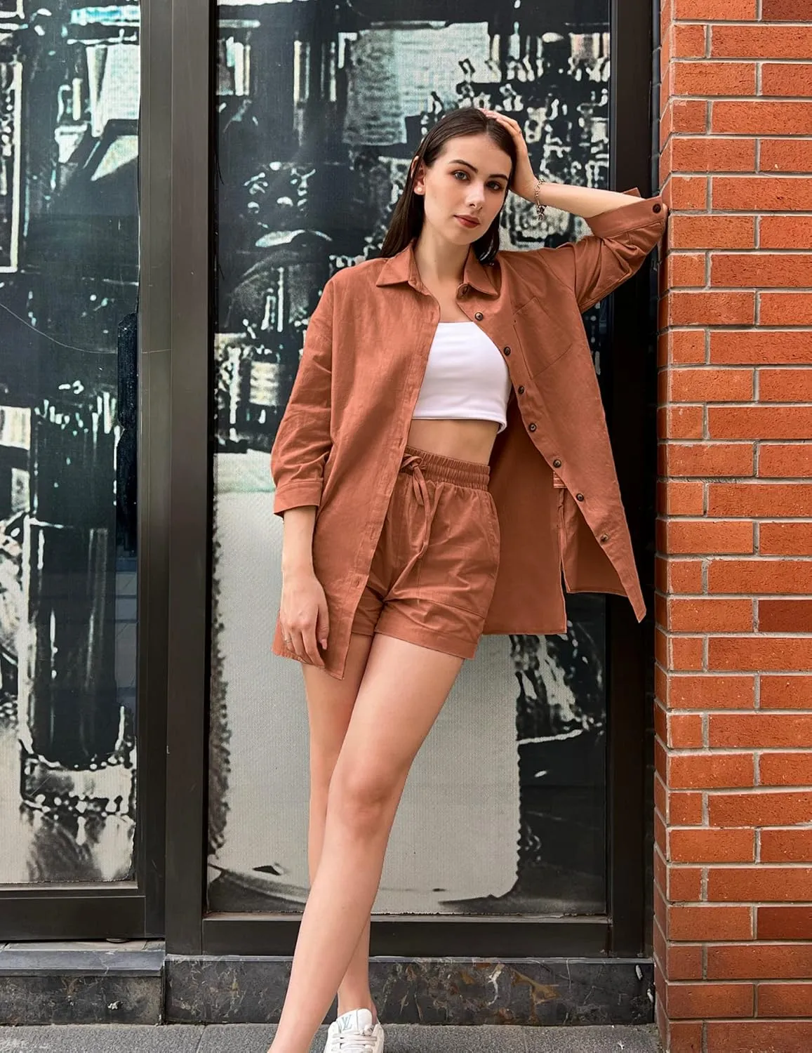 Beyove Women's Cotton Linen Set Casual Tracksuit Button Down 3/4 Sleeve Shirt Drawstring Shorts Pockets 2 Piece Lounge Set