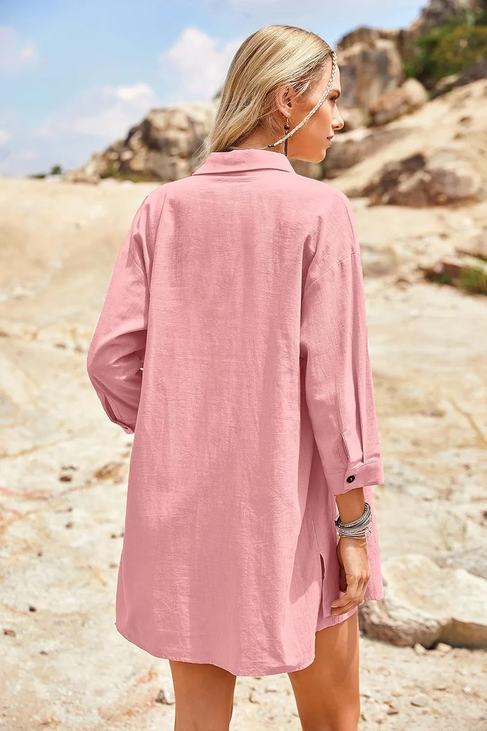 Beyove Women's Cotton Linen Set Casual Tracksuit Button Down 3/4 Sleeve Shirt Drawstring Shorts Pockets 2 Piece Lounge Set