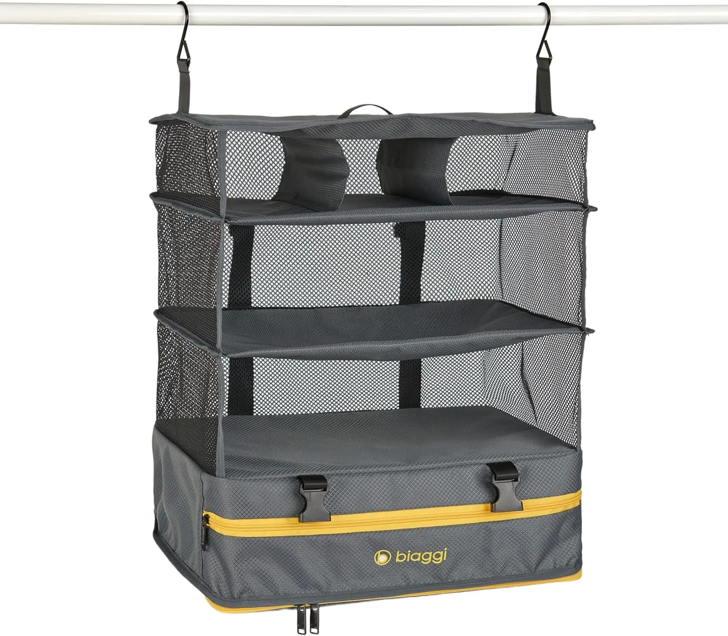 biaggi Hangmates 3-Tiered ZipCube - Hanging Shelf Cube with Packing Compartments for Travel Organization - Lightweight and Durable - Dimensions 19”x 16” x 11.5” Opened - LARGE