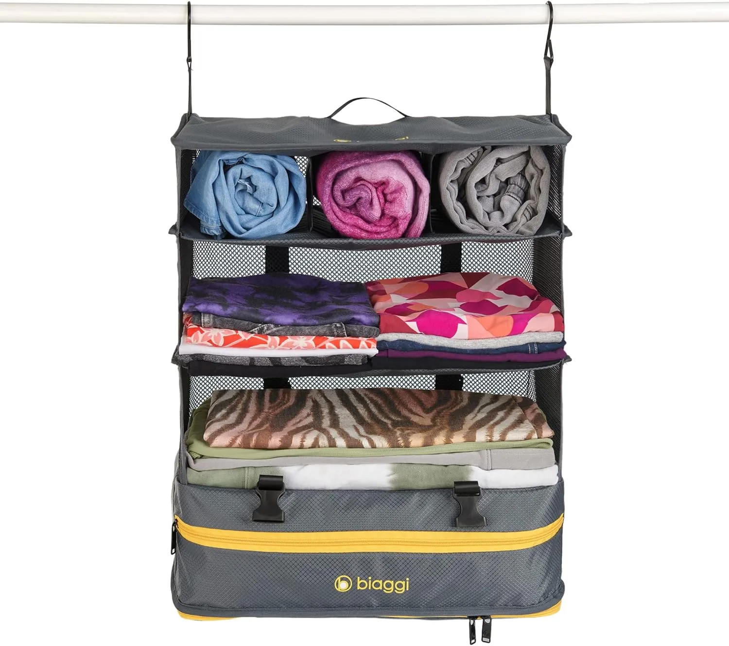 biaggi Hangmates 3-Tiered ZipCube - Hanging Shelf Cube with Packing Compartments for Travel Organization - Lightweight and Durable - Dimensions 19”x 16” x 11.5” Opened - LARGE