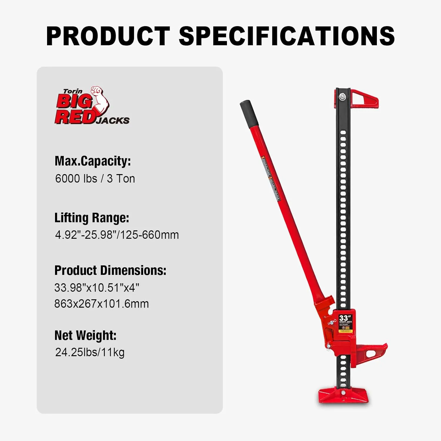 Big Red TRA8335-1 Torin 33" Ratcheting Off Road Utility High Lift Farm Jack, 3 Ton (6,000 lb) Capacity