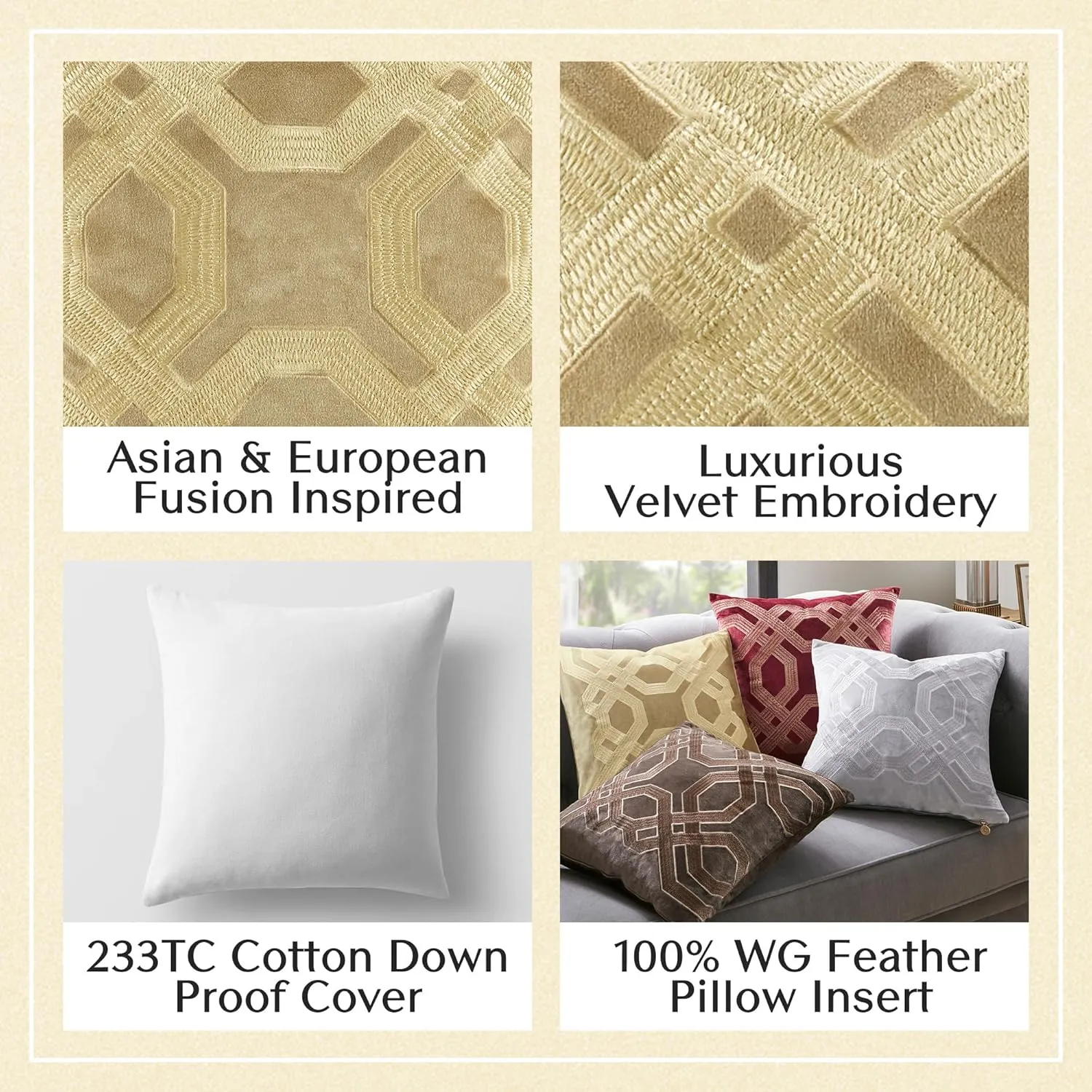 Biron Normal Pillow, 18x18, Gold Embroidery Square