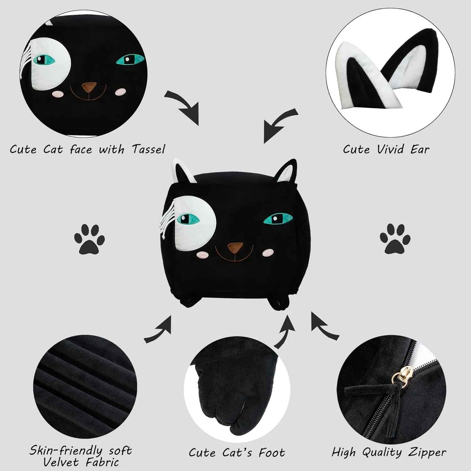 Black Cat Bean Bag Chairs for Teens, Playroom Furniture, Comfortable Seating for Kids, Large Size 22x24 Inch Velvet Extra Soft, Cover ONLY