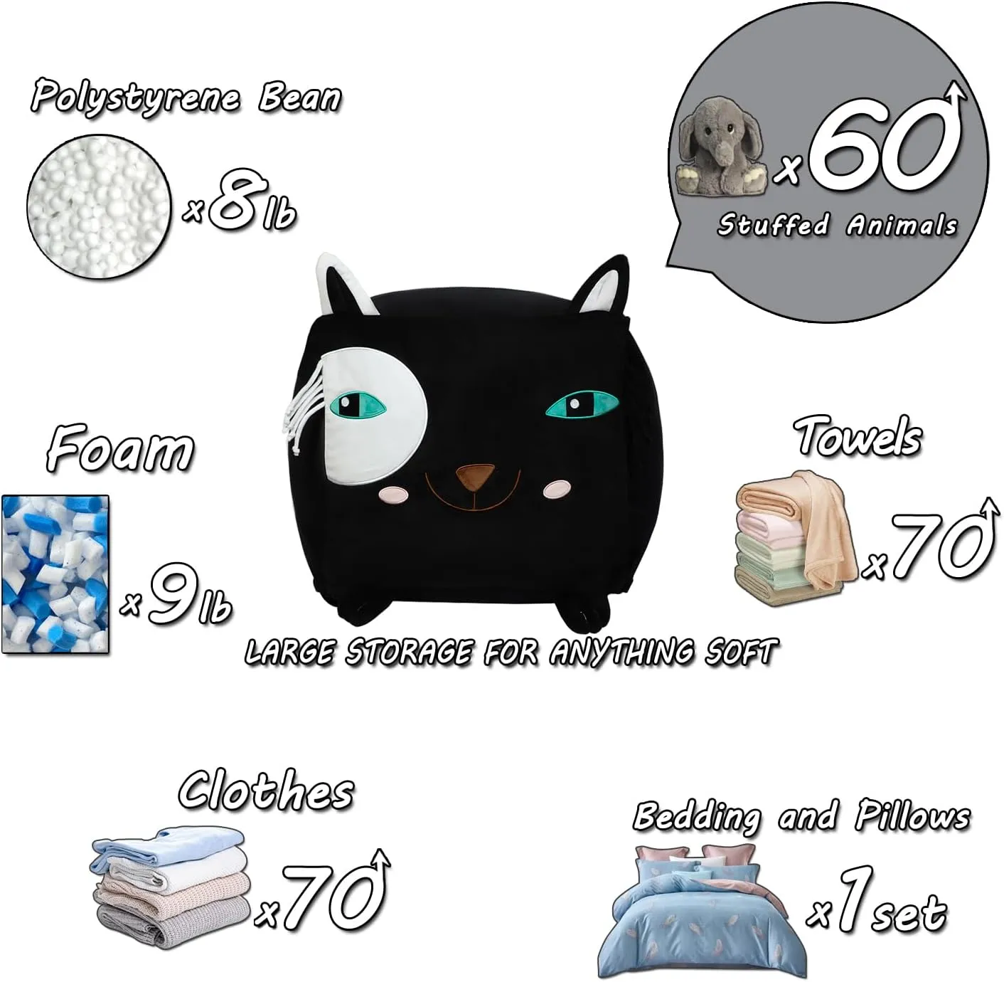 Black Cat Bean Bag Chairs for Teens, Playroom Furniture, Comfortable Seating for Kids, Large Size 22x24 Inch Velvet Extra Soft, Cover ONLY