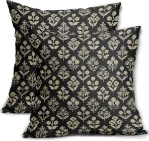 Black Floral Block Print Pillow Covers 18x18 Inch Set of 2, Vintage Flower Pattern Decorative Throw Pillowcases Outdoor Farmhouse Cushion Covers Spring Summer Rustic Sofa Couch Bed Decor