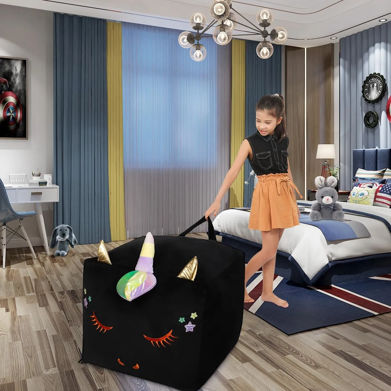 Black Unicorn Bean Bag Chairs, Stuffed Animal Storage Ideas for Girls Room Decorations, Plush Toys Holder and Organizer, Velvet Extra Soft, Cover ONLY