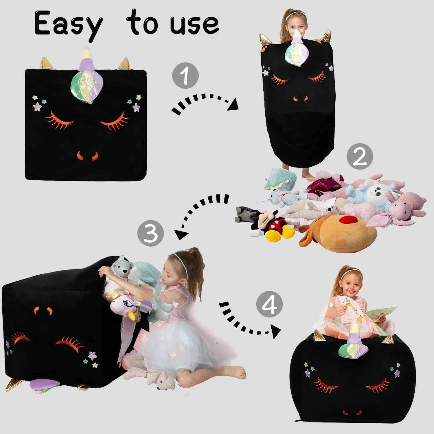 Black Unicorn Bean Bag Chairs, Stuffed Animal Storage Ideas for Girls Room Decorations, Plush Toys Holder and Organizer, Velvet Extra Soft, Cover ONLY
