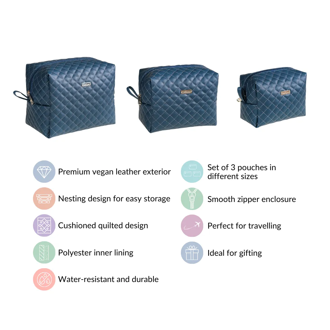 Bluish Grey Quilted Makeup Bags Set Of 3