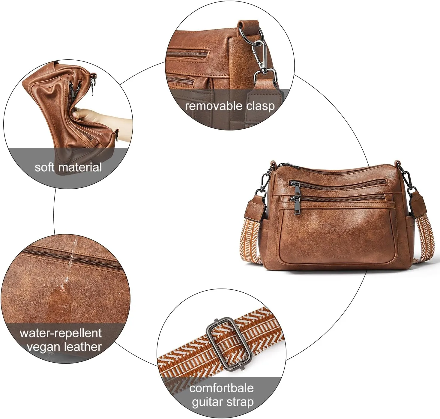 Bluome Crossbody Purses for Women, Vegan Leather Shoulder Bag Handbags Medium Hobo Bag with Guitar Strap