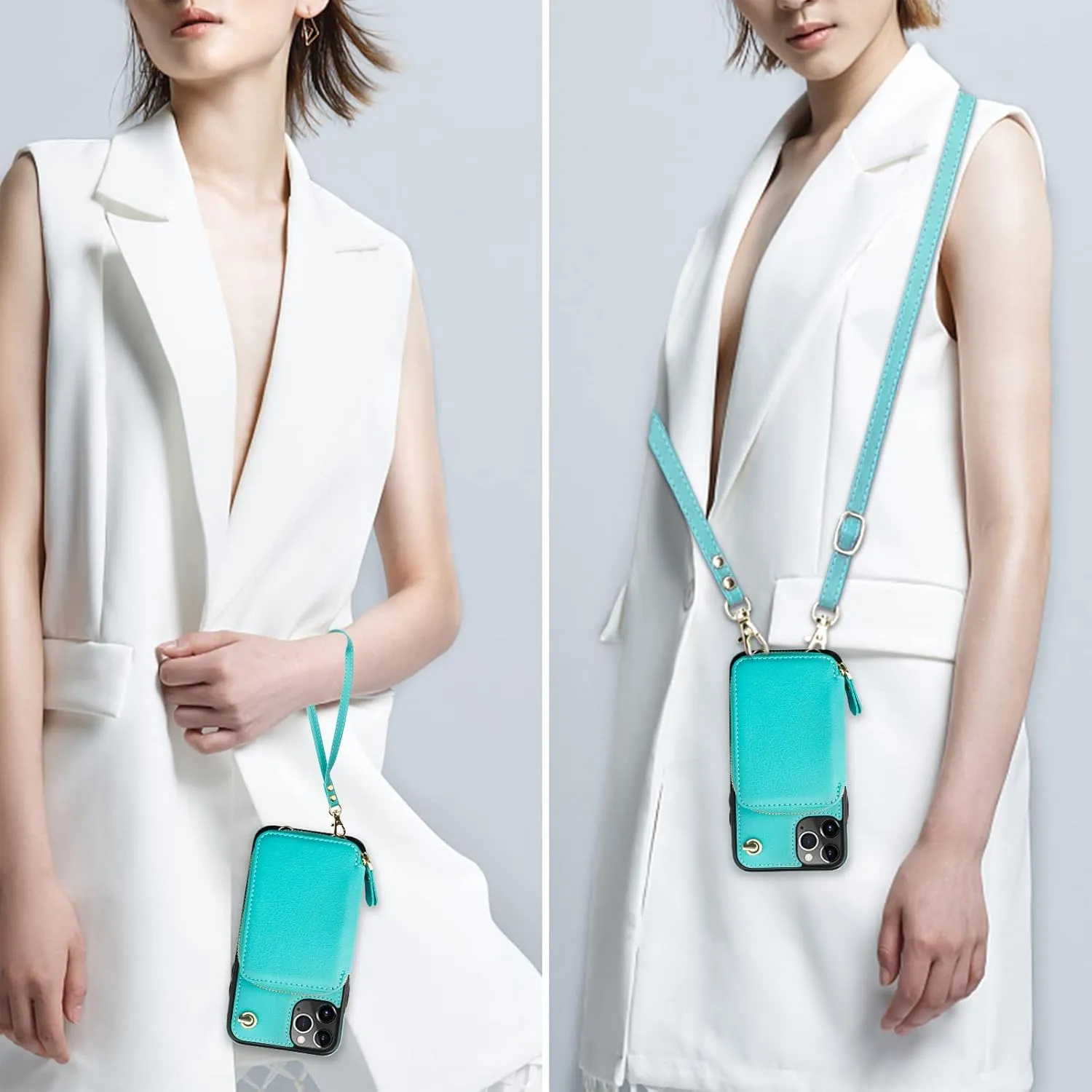Bocasal Crossbody Wallet Case for iPhone 11 Pro Max, RFID Blocking Leather Purse Case with Card Holder, Protective Handbag Flip Cover with Zipper Wrist Strap Lanyard for Women 6.5 Inch (Mint Green)