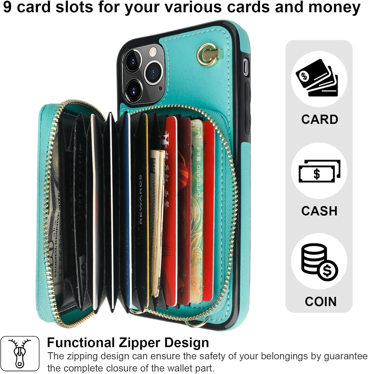Bocasal Crossbody Wallet Case for iPhone 11 Pro Max, RFID Blocking Leather Purse Case with Card Holder, Protective Handbag Flip Cover with Zipper Wrist Strap Lanyard for Women 6.5 Inch (Mint Green)