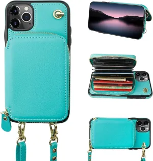Bocasal Crossbody Wallet Case for iPhone 11 Pro Max, RFID Blocking Leather Purse Case with Card Holder, Protective Handbag Flip Cover with Zipper Wrist Strap Lanyard for Women 6.5 Inch (Mint Green)