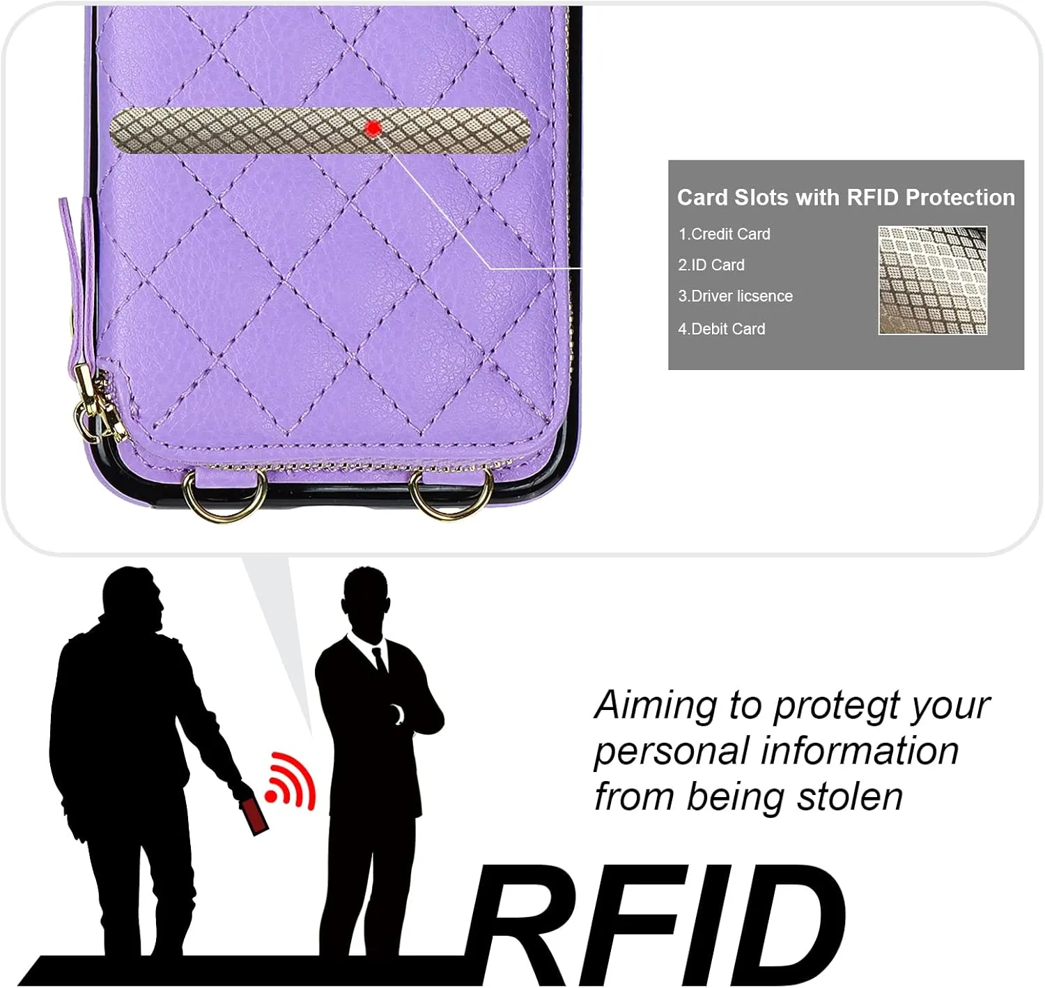Bocasal Crossbody Wallet Case for iPhone 11 Pro Max, RFID Blocking PU Leather Zipper Handbag Purse Flip Cover, Kickstand Folio Case with Card Slots Holder Wrist Strap Lanyard 6.5 Inch (Purple)