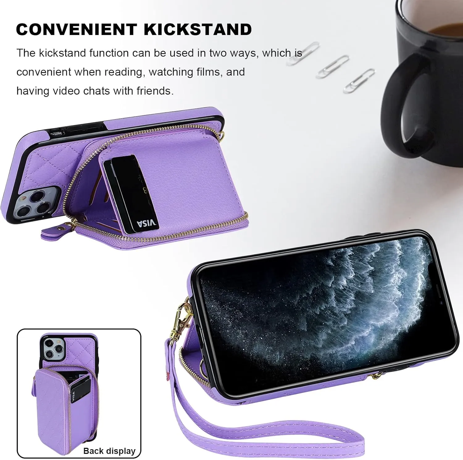 Bocasal Crossbody Wallet Case for iPhone 11 Pro Max, RFID Blocking PU Leather Zipper Handbag Purse Flip Cover, Kickstand Folio Case with Card Slots Holder Wrist Strap Lanyard 6.5 Inch (Purple)