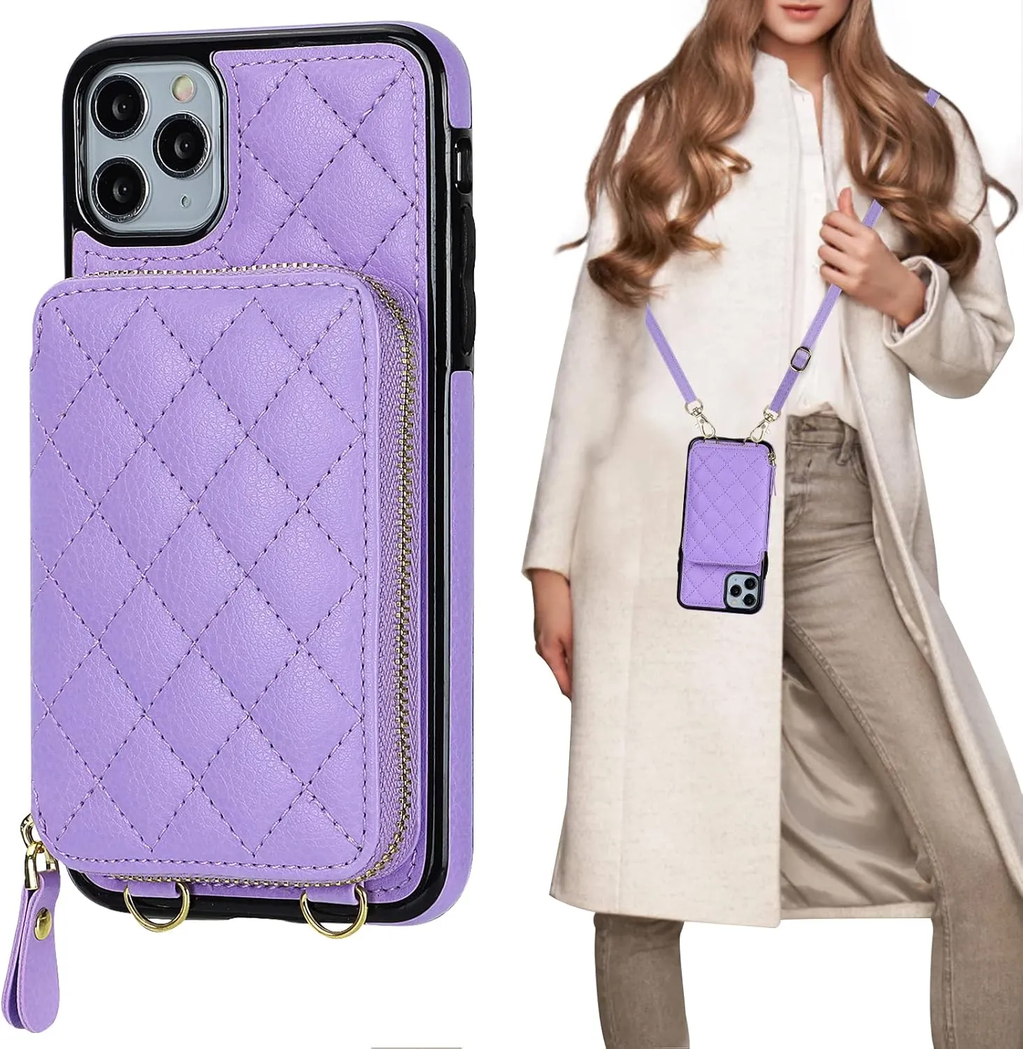 Bocasal Crossbody Wallet Case for iPhone 11 Pro Max, RFID Blocking PU Leather Zipper Handbag Purse Flip Cover, Kickstand Folio Case with Card Slots Holder Wrist Strap Lanyard 6.5 Inch (Purple)