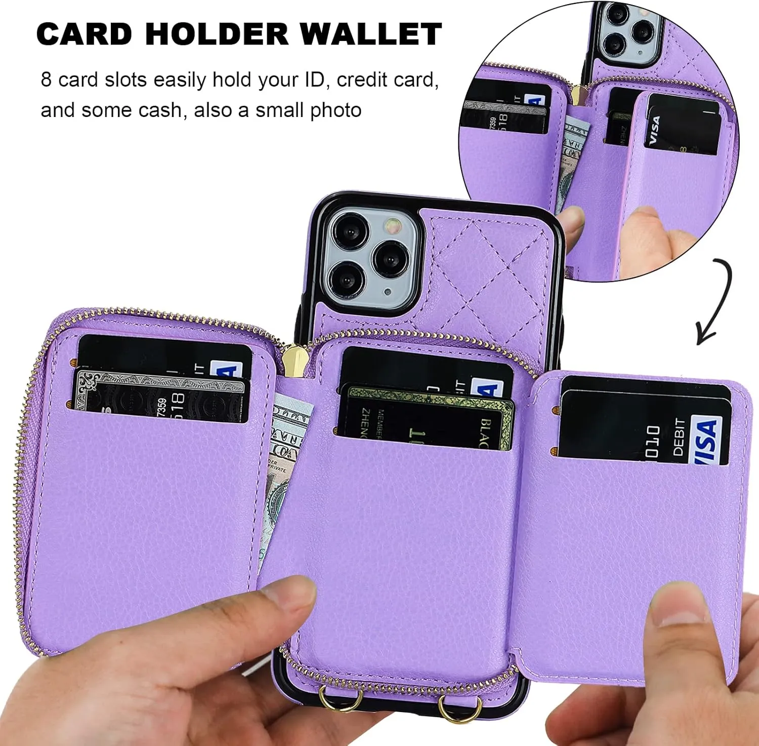 Bocasal Crossbody Wallet Case for iPhone 11 Pro Max, RFID Blocking PU Leather Zipper Handbag Purse Flip Cover, Kickstand Folio Case with Card Slots Holder Wrist Strap Lanyard 6.5 Inch (Purple)